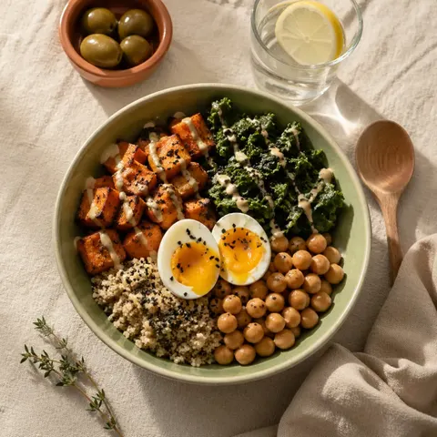 A bowl with tofu, grains, egg and chickpeas